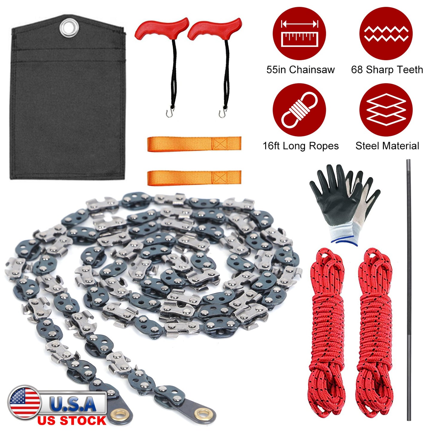 55in 68 Sharp Teeth Hand Rope Chainsaw Kit Blades on Both Side High Tree Limb Rope Saw with 196in Ropes Folding Pocket Chainsaw Carabiner Glove Wood C