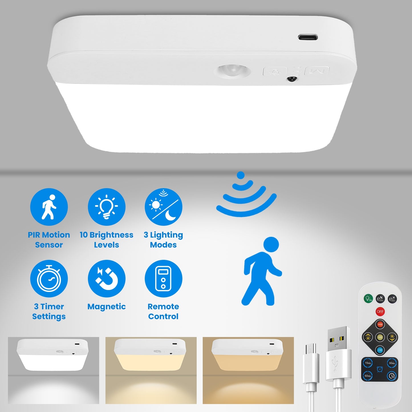 Motion Sensor Ceiling Light With Remote Rechargeable Wireless Flush Ceiling Light with 3000K 4500K 6000K 3 Timer 10 Brightness for Closet Stairs Garag