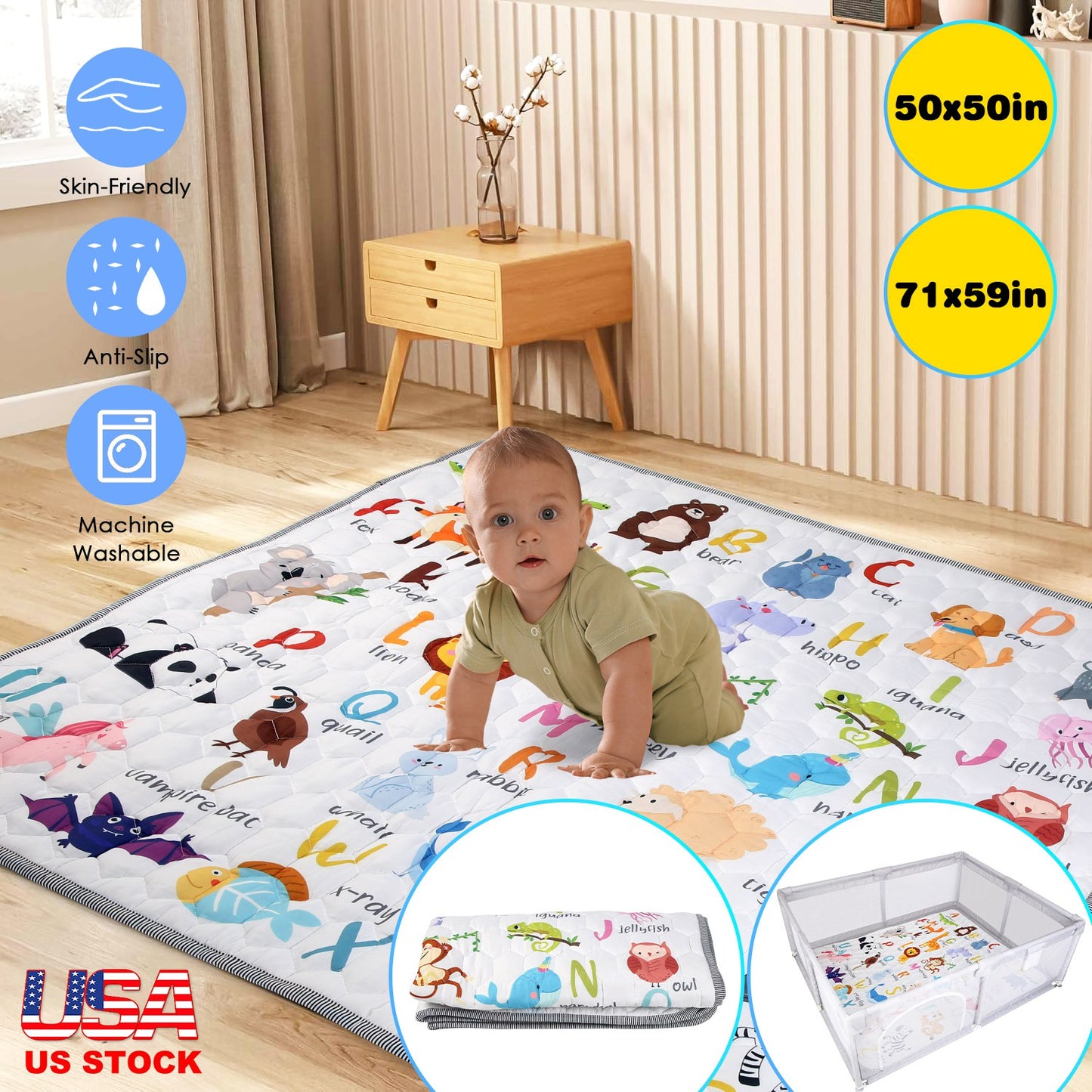 50x50IN Baby Play Mat Non-Slip Baby Crawling Mat Foldable Playpen Mat Machine Washable for Newborns Infants Babies Toddlers