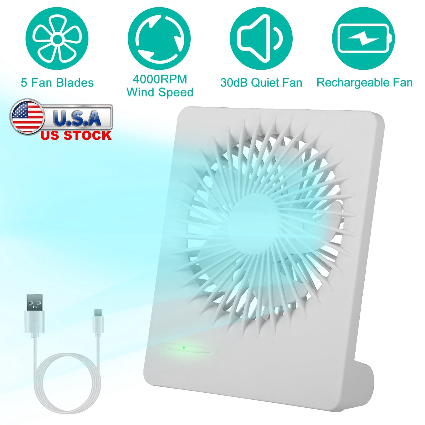 Portable Desk Fan USB Rechargeable Table Cooling Fan Quiet 5 Blades Desktop Fan with 3 Speeds Ajustment for Bedroom Office