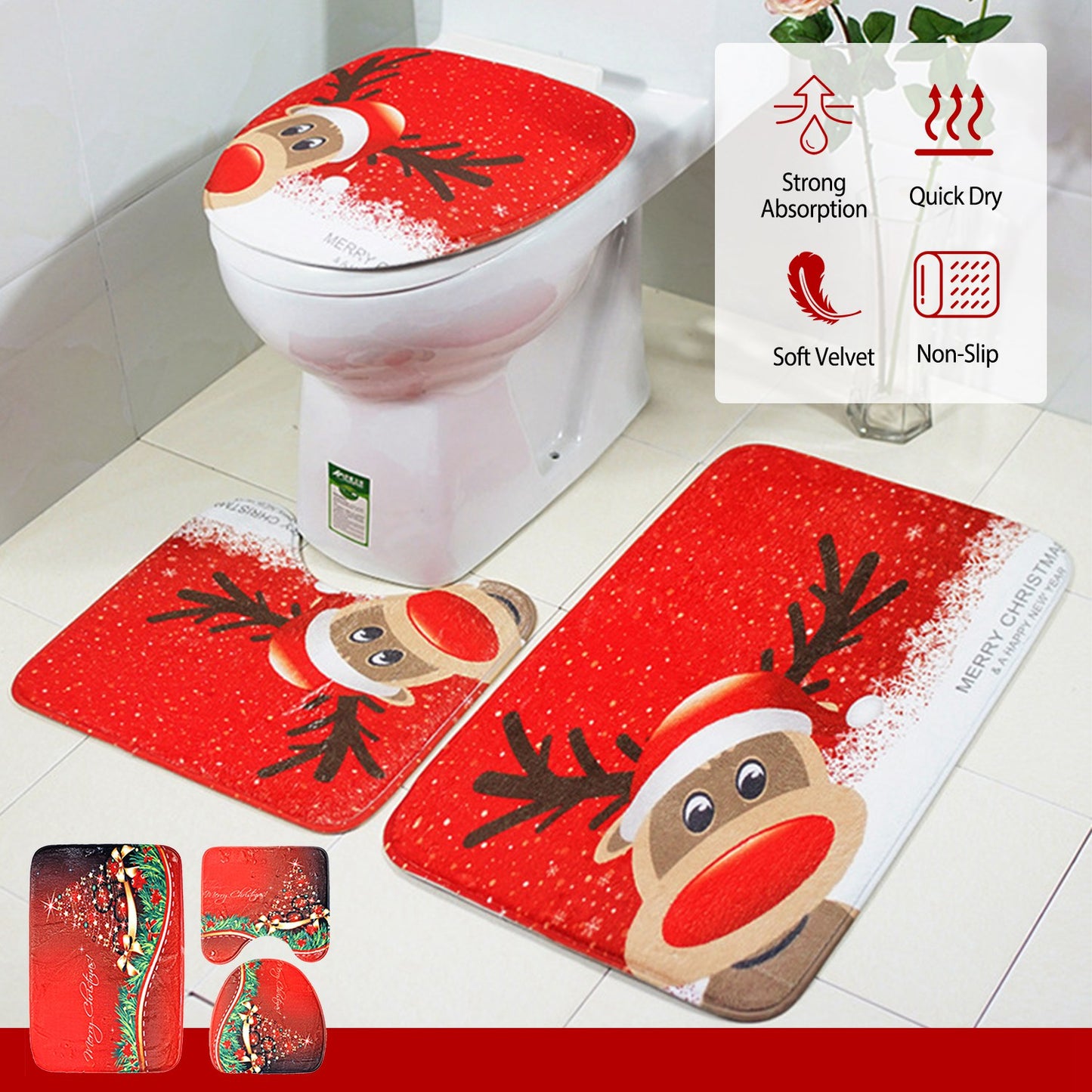3 Pcs Christmas Bathroom Rugs Set Contour Non-slip Toilet Mats Absorbent Cozy Velvet Floor Carpets