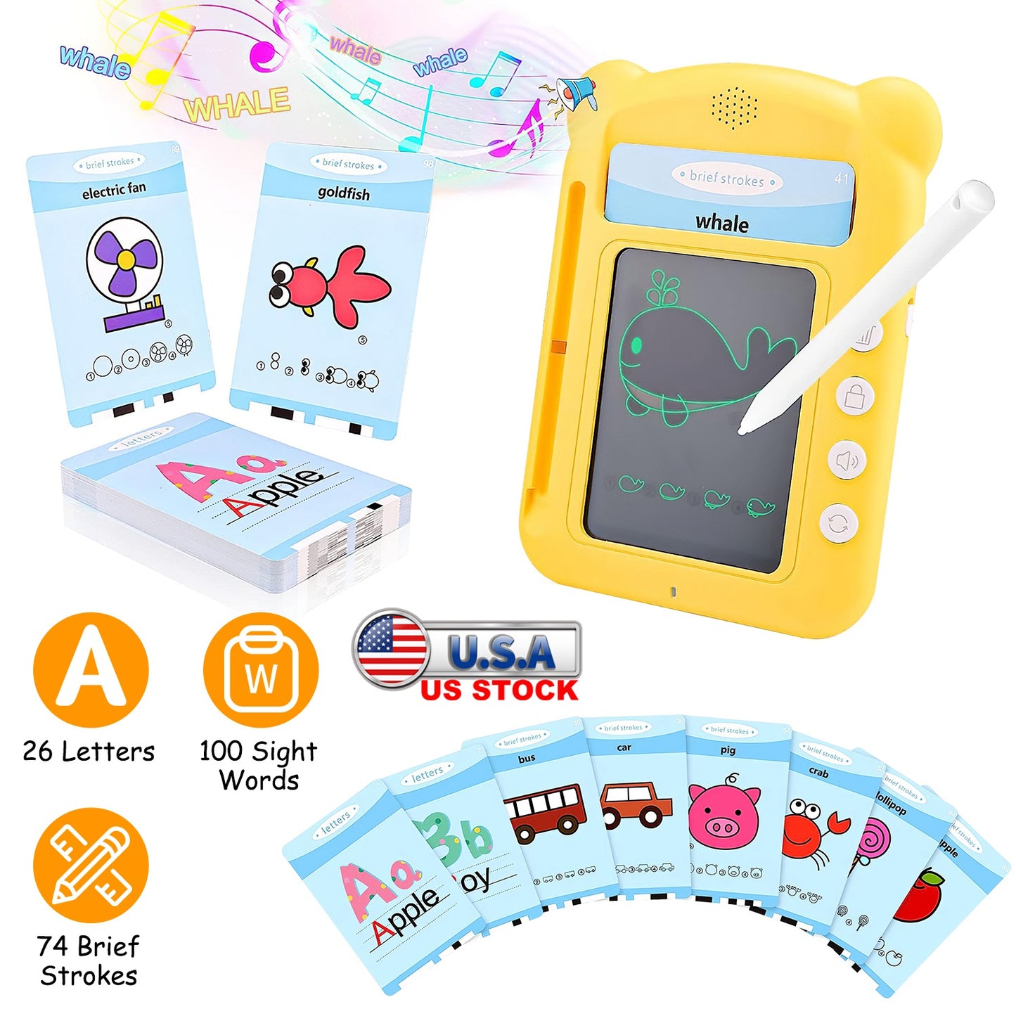 100 Words Talking Flash Cards 5.5In Toddler LCD Writing Tablet with 50 Double-sided Cards Stylus Pen Electronic Cognitive Audio Toddler Reading Machin
