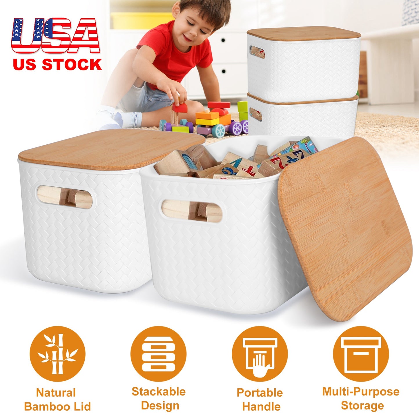 2Pcs Storage Bins with Bamboo Lids Stackable Plastic Storage Container with Handle Storage Box Accessories Holder for Bedroom Kitchen Shelf Closet