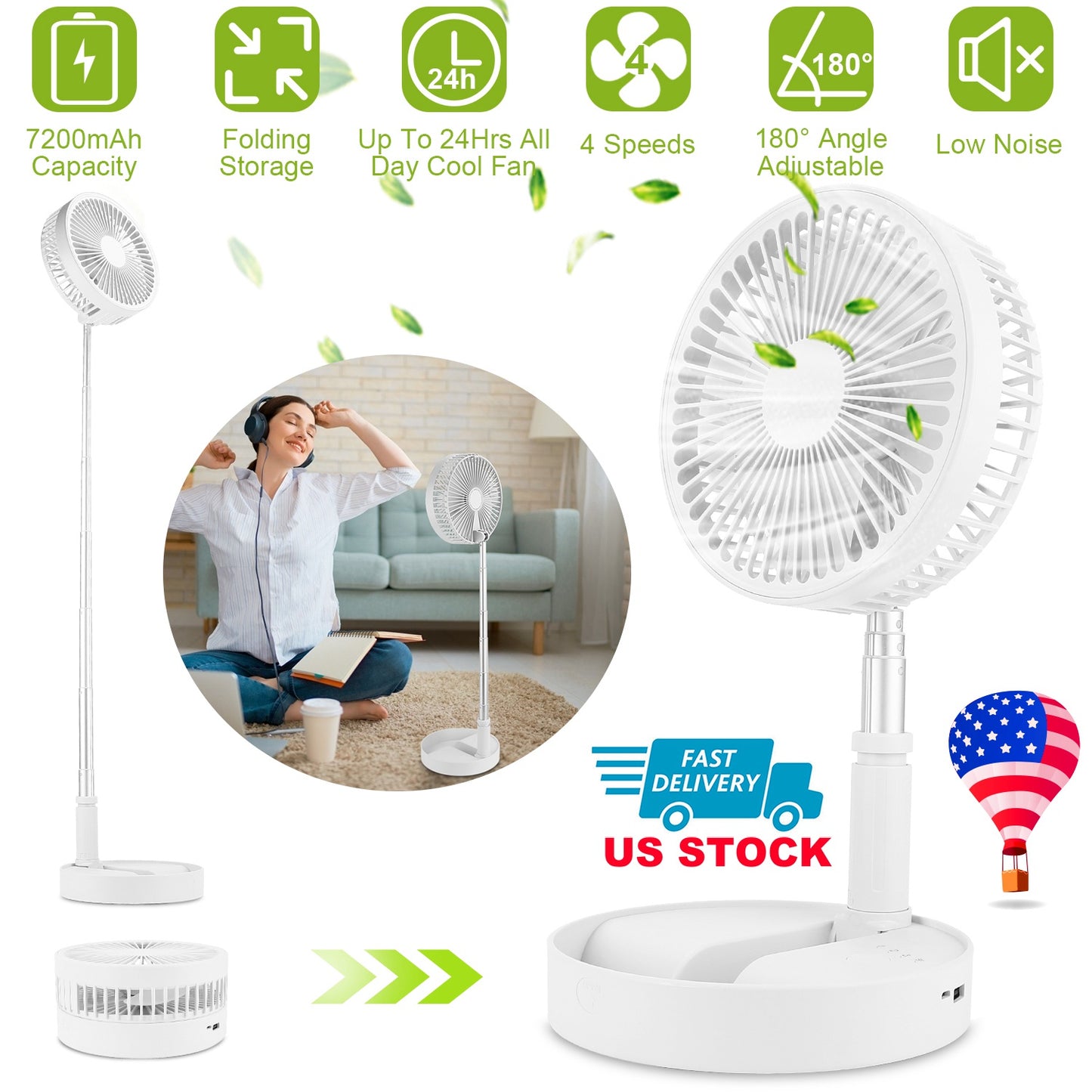Portable Folding Desk Table Fan Quiet USB Rechargeable Telescopic Standing Floor Fan w/ 4 Speeds Adjustable Height 180¡ Tilting Angle For Office Home