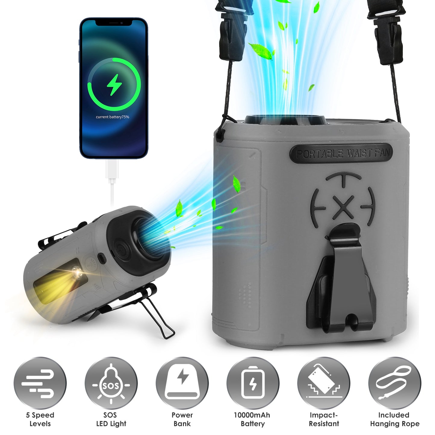 5 In 1 Portable Waist Clip Fan With 5 Speeds Flashlight 10000mAh Battery Operated Personal Wearable Turbo Belt Fan Hands-Free Neck Fan For Camping Tra