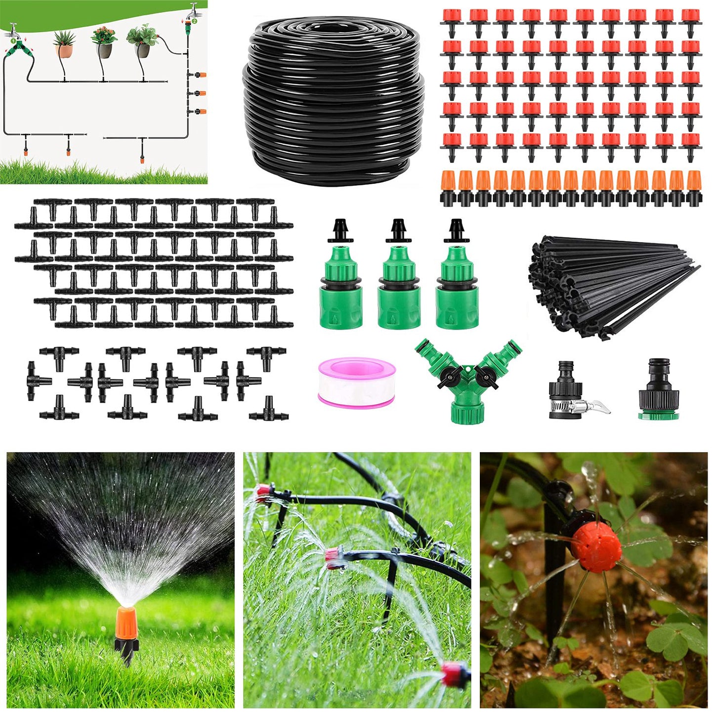 164FT Drip Irrigation Kit Automatic Garden Irrigation System Misting Plant Watering Drip Kit for Garden Greenhouse Flower Bed Patio Lawn