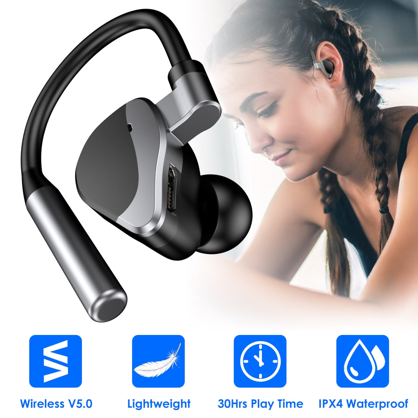 Unilateral Wireless Earpiece Rechargeable Wireless in-Ear Headset with Hook for Car Driving Phone Call Office