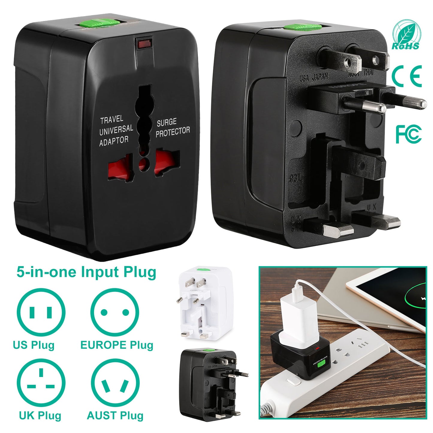 Universal Travel Adapter AC Power Plug Adapter US UK EU AUST Worldwide Socket For Phones Tablet Cameras