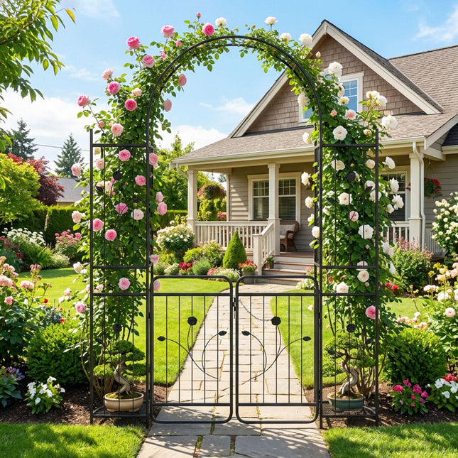87 inch Tall Garden Arch with Gate Planter Shelves Climbing Trellises