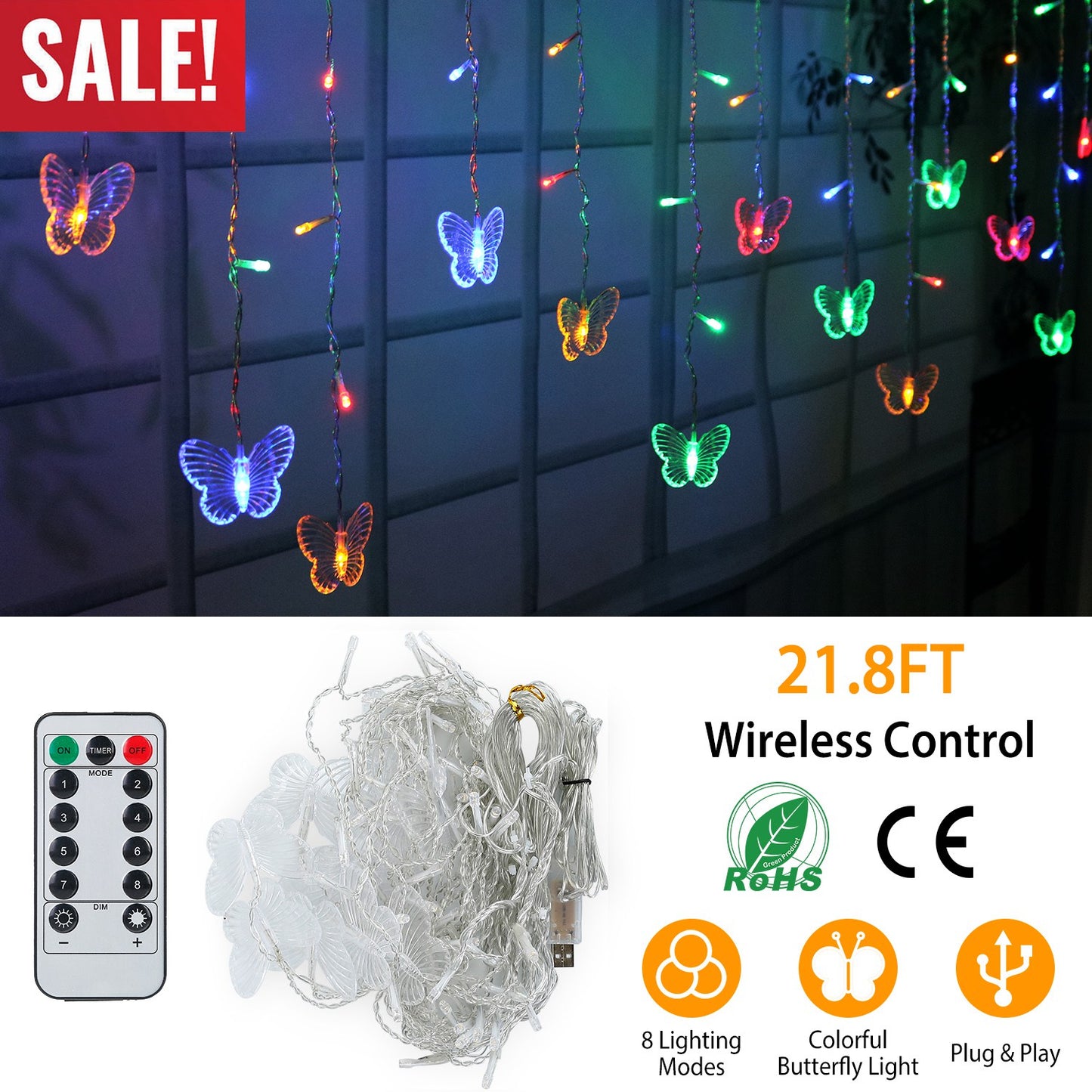 Butterfly Curtain String Lights USB Powered Colorful LED Fairy Lamps w/8 Modes 96 LED Remote Control 11.5ft for Bedroom Weddings Christmas Party Decor