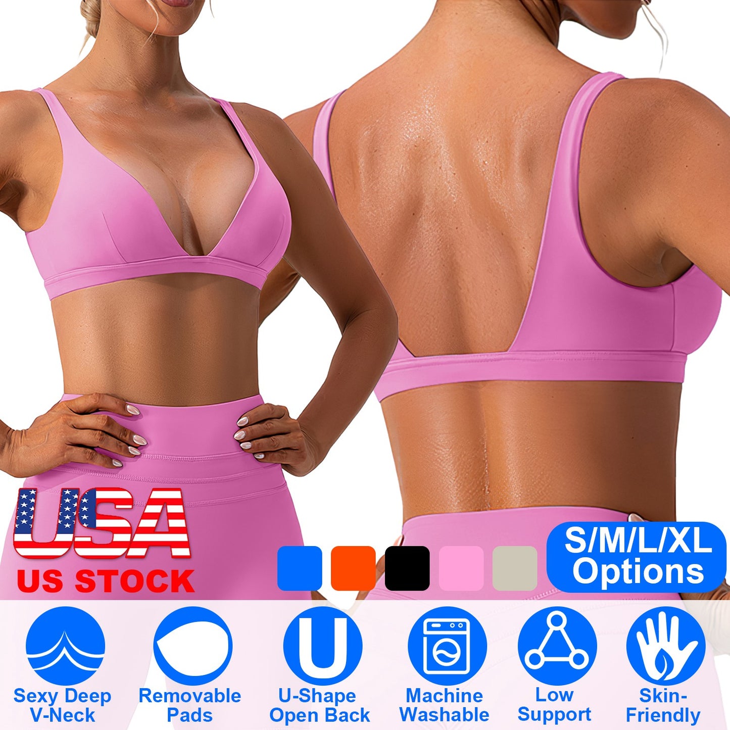 Women Deep V-Neck Sports Bras U-Shaped Back Sport Bras Padded StrappyÊCrop Open Back Low Impact Bras SexyÊFitnessÊTank Tops with Removable Pads for Gy