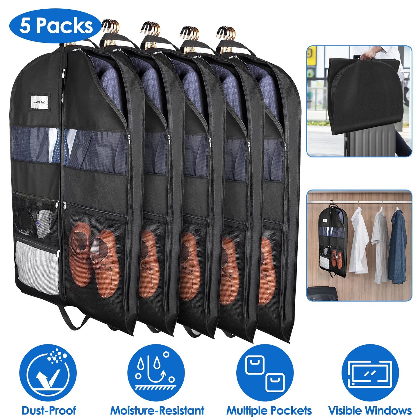 5 Packs Garment Bags Breathable Suit Bag Washable Clothes Cover Protector with Handles for Suits Coat Shirts T-shirts Jackets Dress for Adults Childre