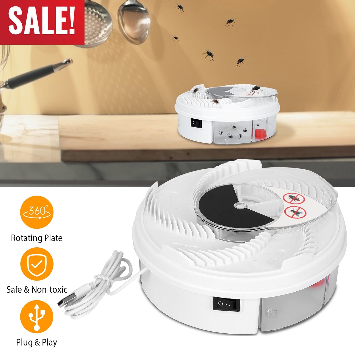 USB Powered Electric Fly Trap Automatic Flycatcher Rotating Fly Pest Repellent Tool For Home Kitchen Restaurant