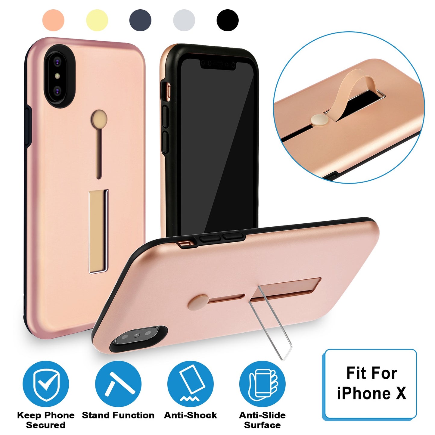 Finger Strap Phone Case for iPhone X Drop-protection Finger Ring Rugged Phone Case with Kickstand Dual Layer Case