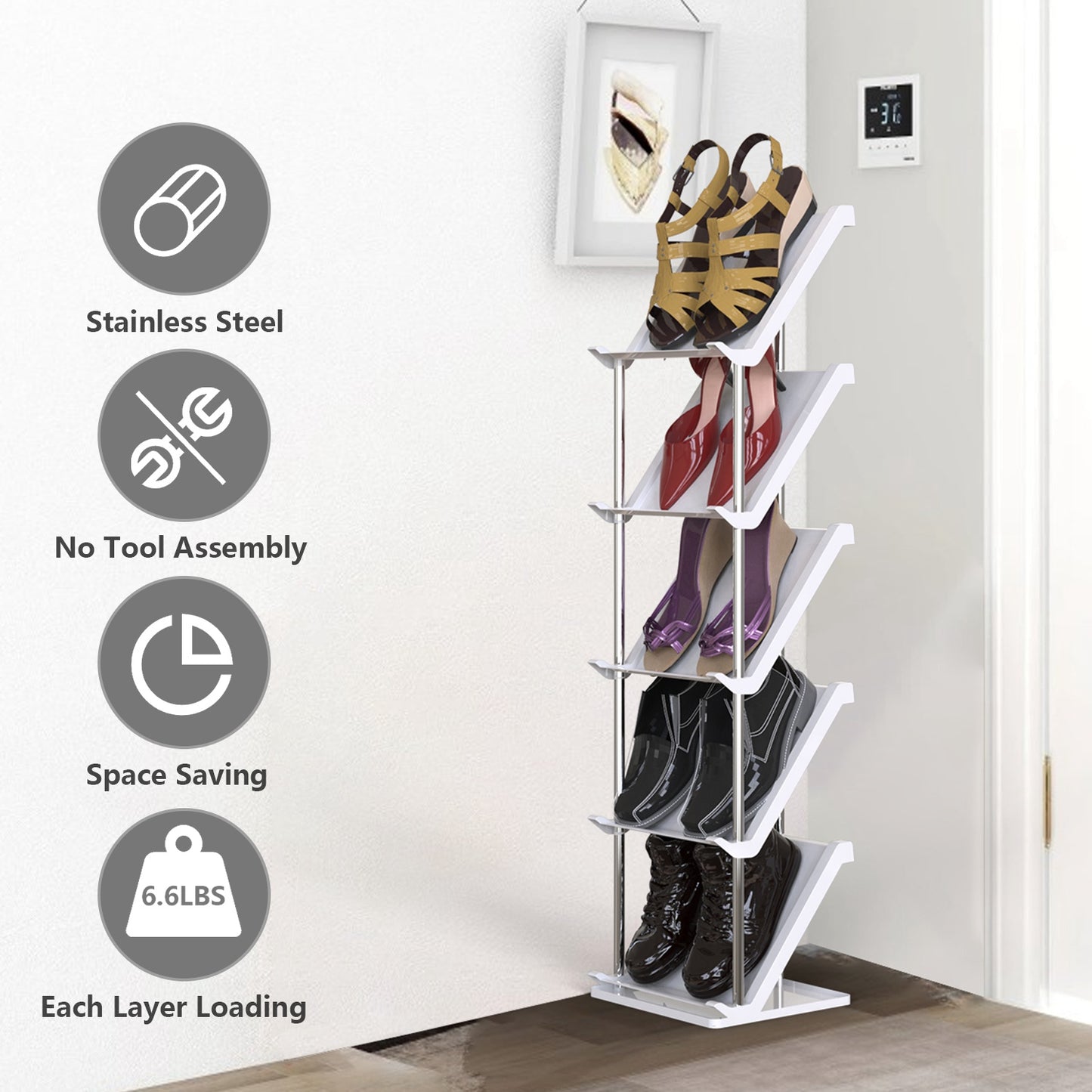 5 Tier Vertical Shoe Rack Narrow Free Standing Storage Organizer for Entryway Space-Saving Stackable Shoe Holder Corner Shoe Tower For Entryway Bedroo