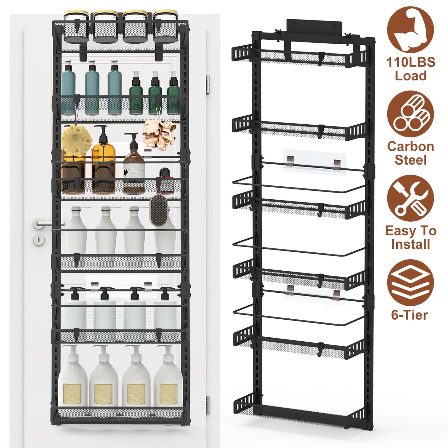 Over The Door Pantry Organizer 6-Tier Pantry Door Organizer Carbon Steel 110LBS Loading Easy Install Behind Door Storage For Closet Kitchen Bathroom 5