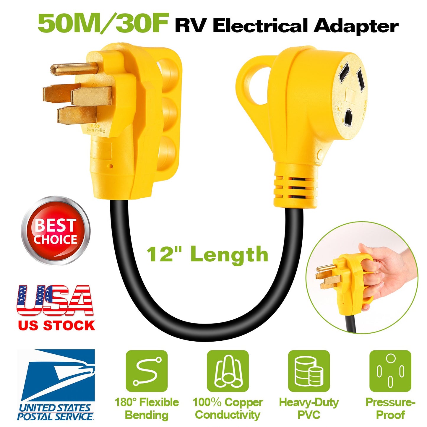 iMounTEK RV Electrical Dogbone Converter 50 AMP Male To 30 AMP Female Adapter Cable 12inch w/ Handle