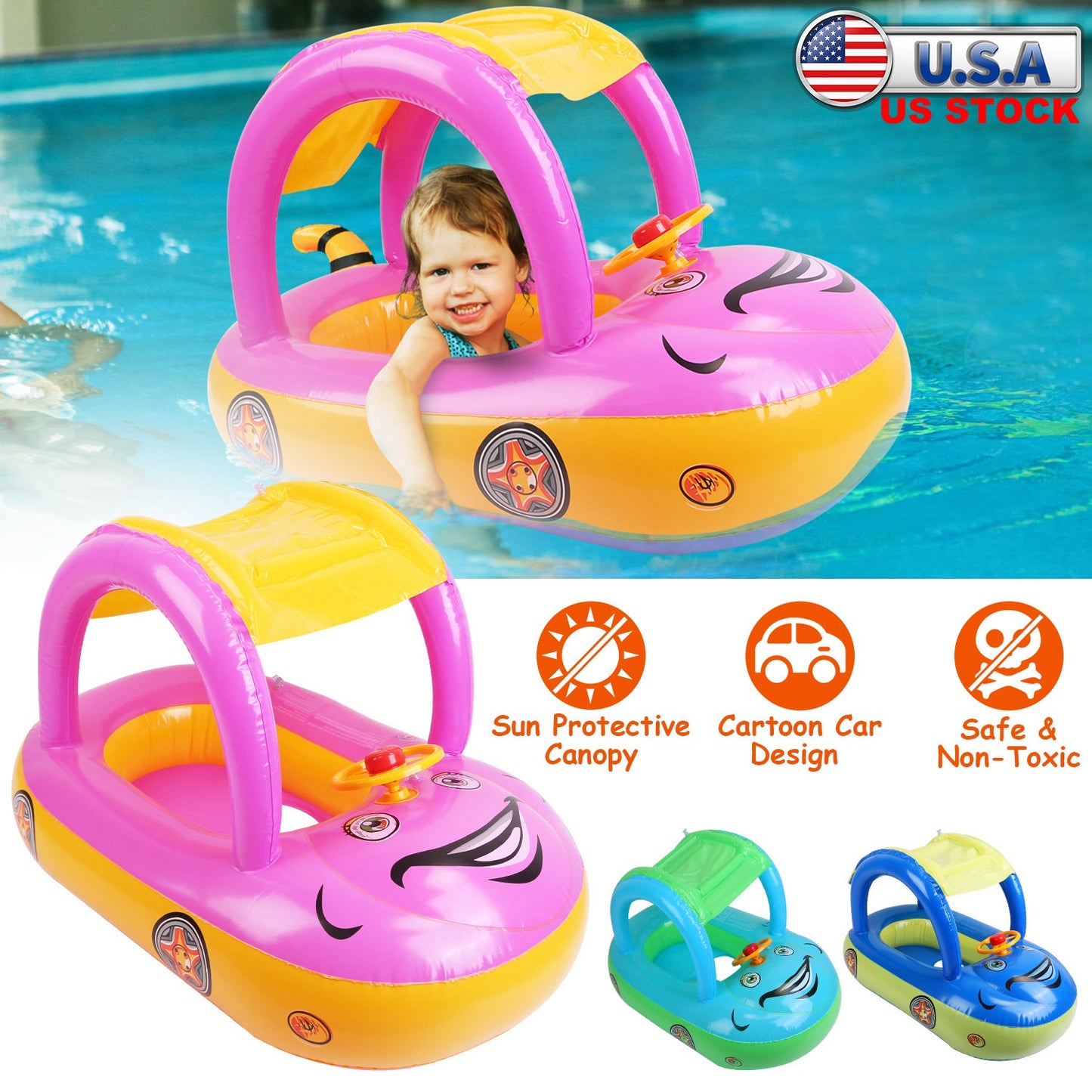 Baby Inflatable Pool Float Car Shaped Toddler Swimming Float Boat Pool Toy Infant Swim Ring Pool with Sun Protection Canopy for 1-3 Year-Old Kids Infa