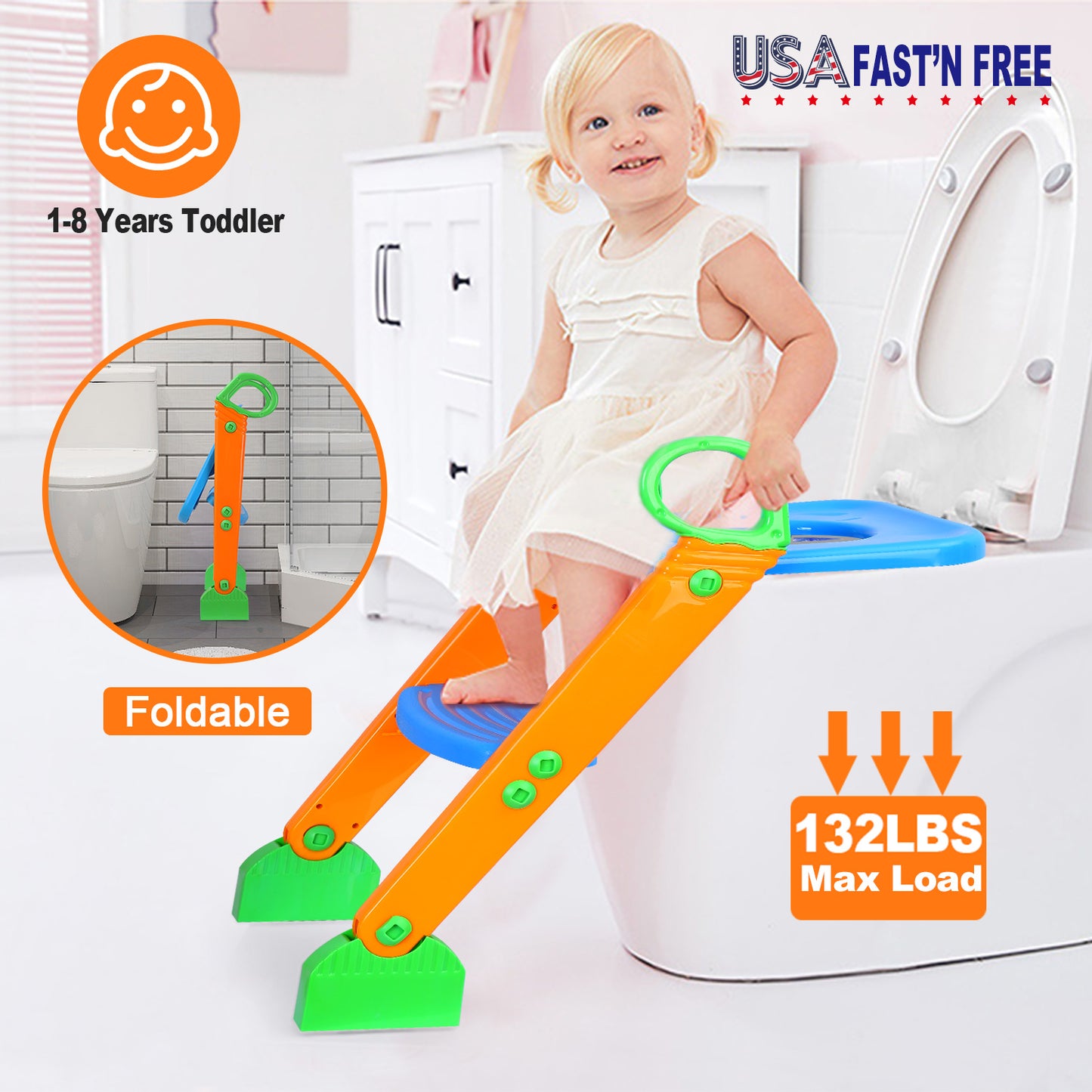Potty Training Toilet Seat w/ Steps Stool Ladder For Children Baby Foldable Splash Guard Toilet Trainer Chair Anti-slip Feet Pedal Handle 132LBS Max L