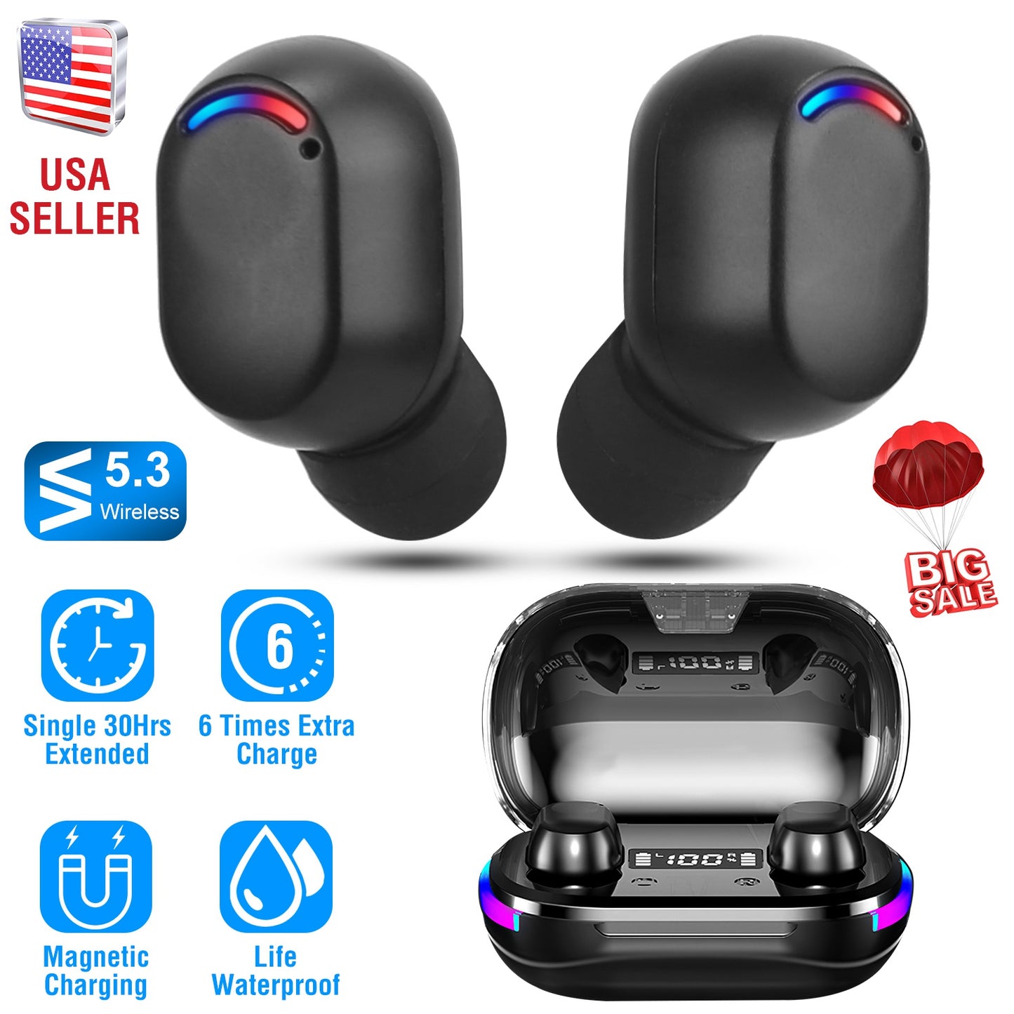 Wireless V5.3 TWS Earbuds In-Ear Stereo Headset Earphone Earpiece with Microphone Magnetic Charging Dock for Driving Working Traveling