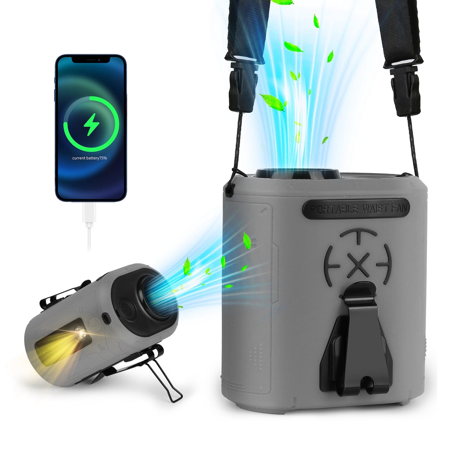 5 In 1 Portable Waist Clip Fan With 5 Speeds Flashlight 10000mAh Battery Operated Personal Wearable Turbo Belt Fan Hands-Free Neck Fan For Camping Tra