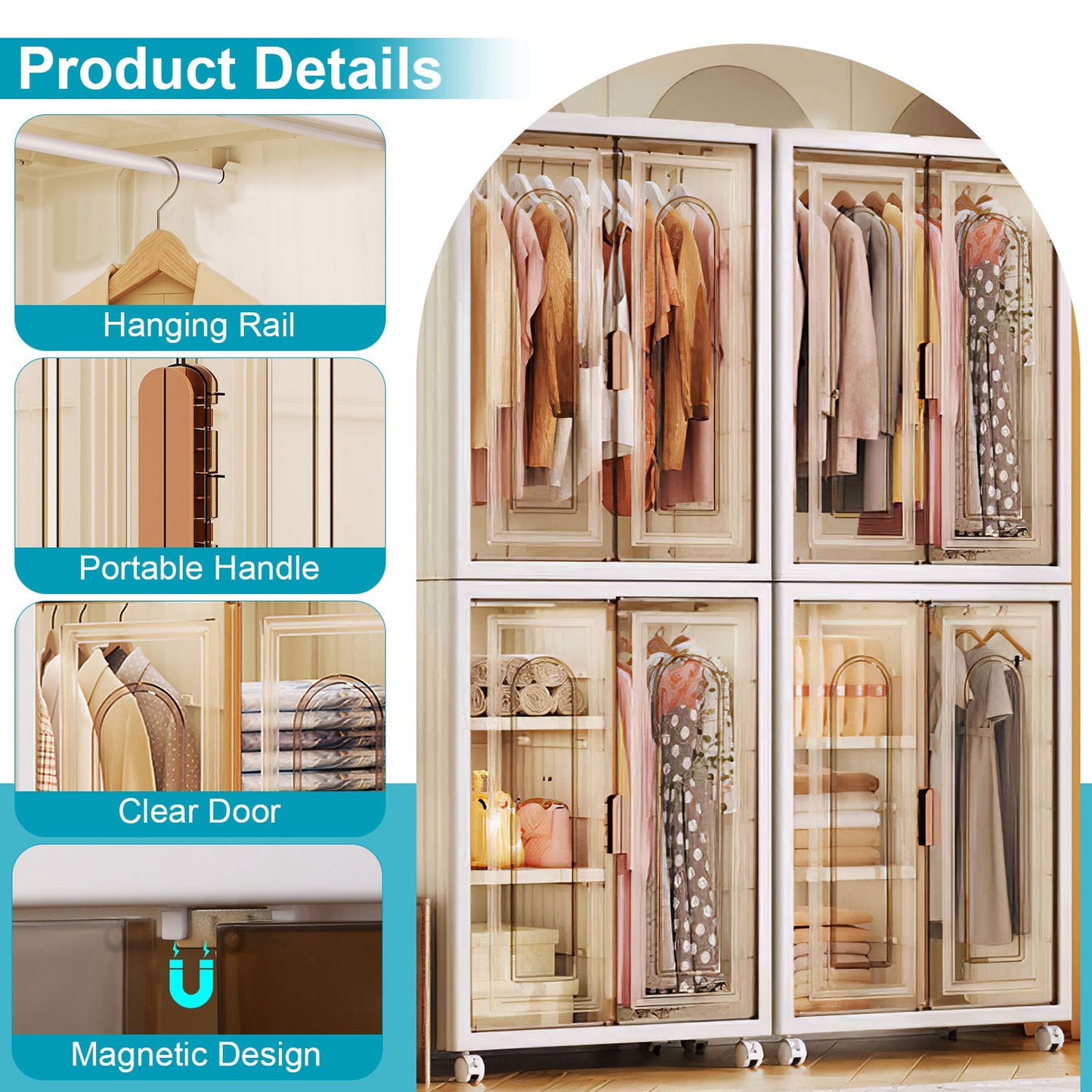 Small Wardrobe Closet Kids Wardrobe Clear Wardrobe Closet for Hanging Clothes Stackable Storage Cabinet with Magnetic Design for Living Room Bedroom D