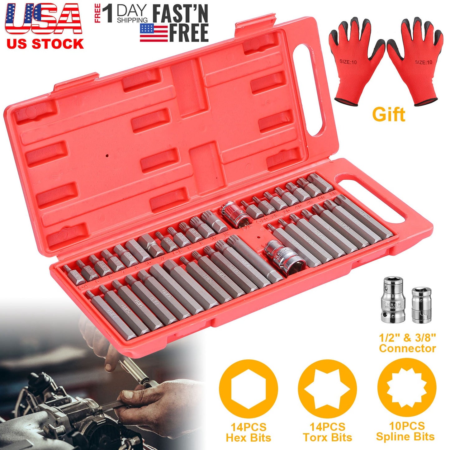 40Pcs Socket Bit Set Hex Torx Spine CRV Combination Bits w/ 3/8"1/2" Drive Free Gloves Case