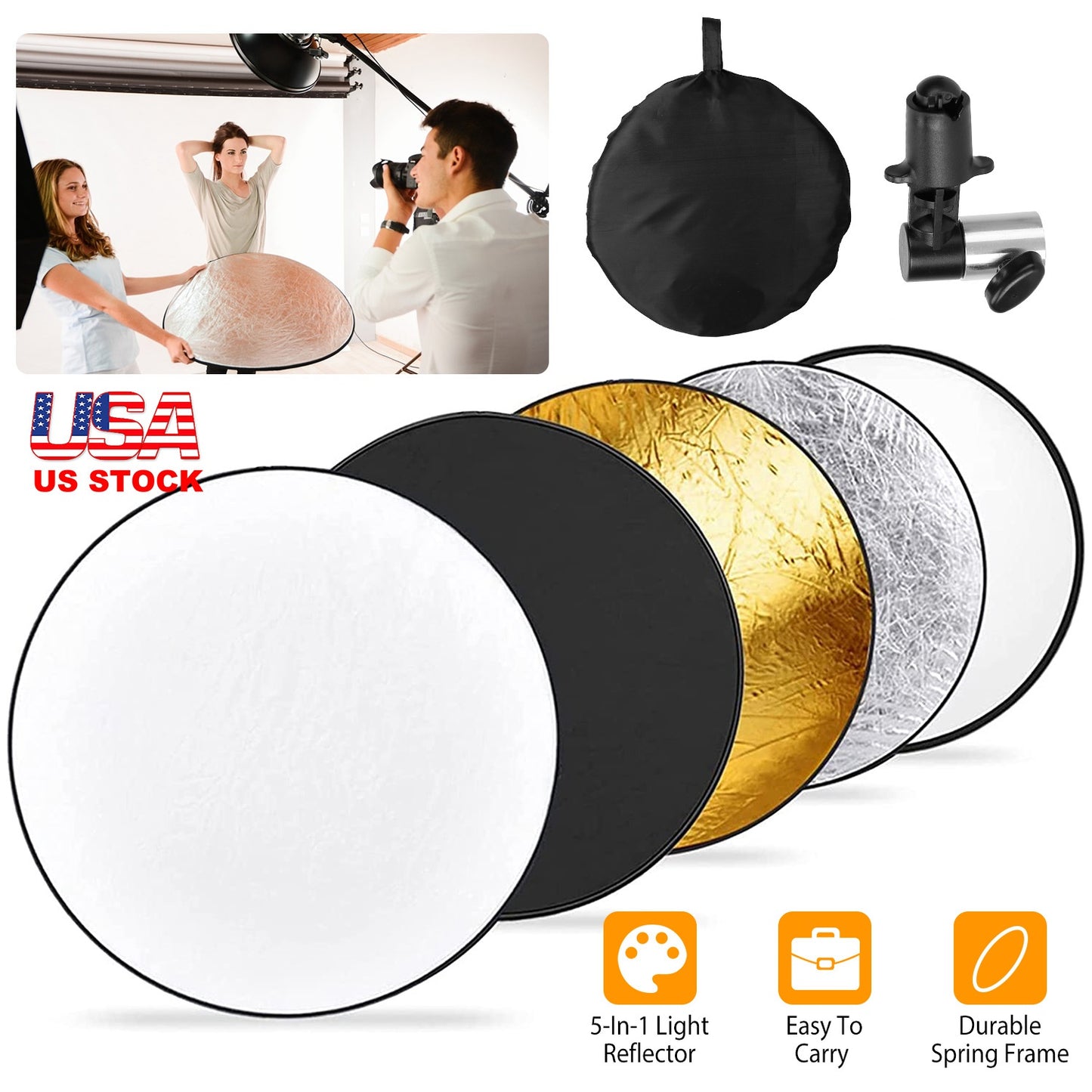 22.8In 5 In 1 Photography Light Reflector Collapsible Multi Disc Round Light Diffuser w/ Storage Bag Translucent Silver Gold White Black 5 Colors Refl