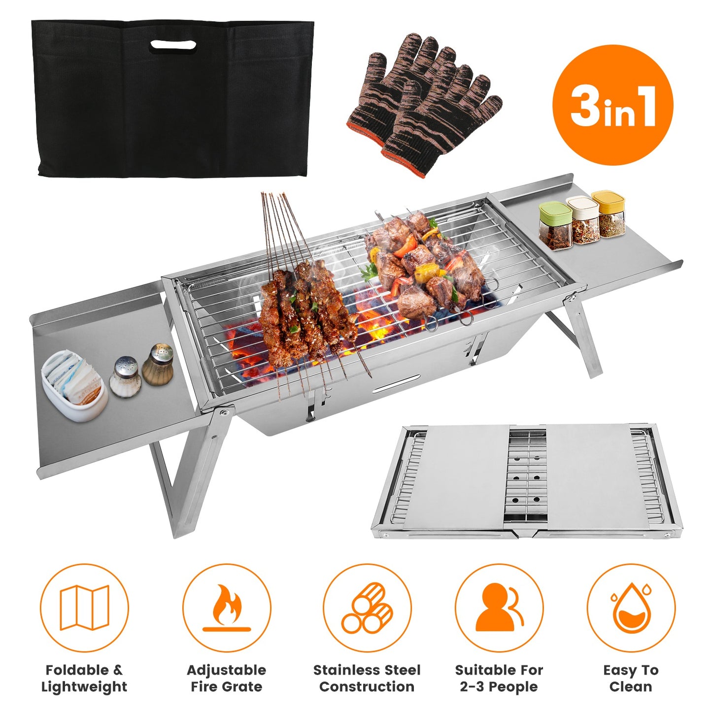 3 In 1 Foldable Charcoal Grill Fire Pit Slow Cooker 2-3 People Portable Camping Grill Stainless Steel BBQ Grill for Camping Tailgating Yard