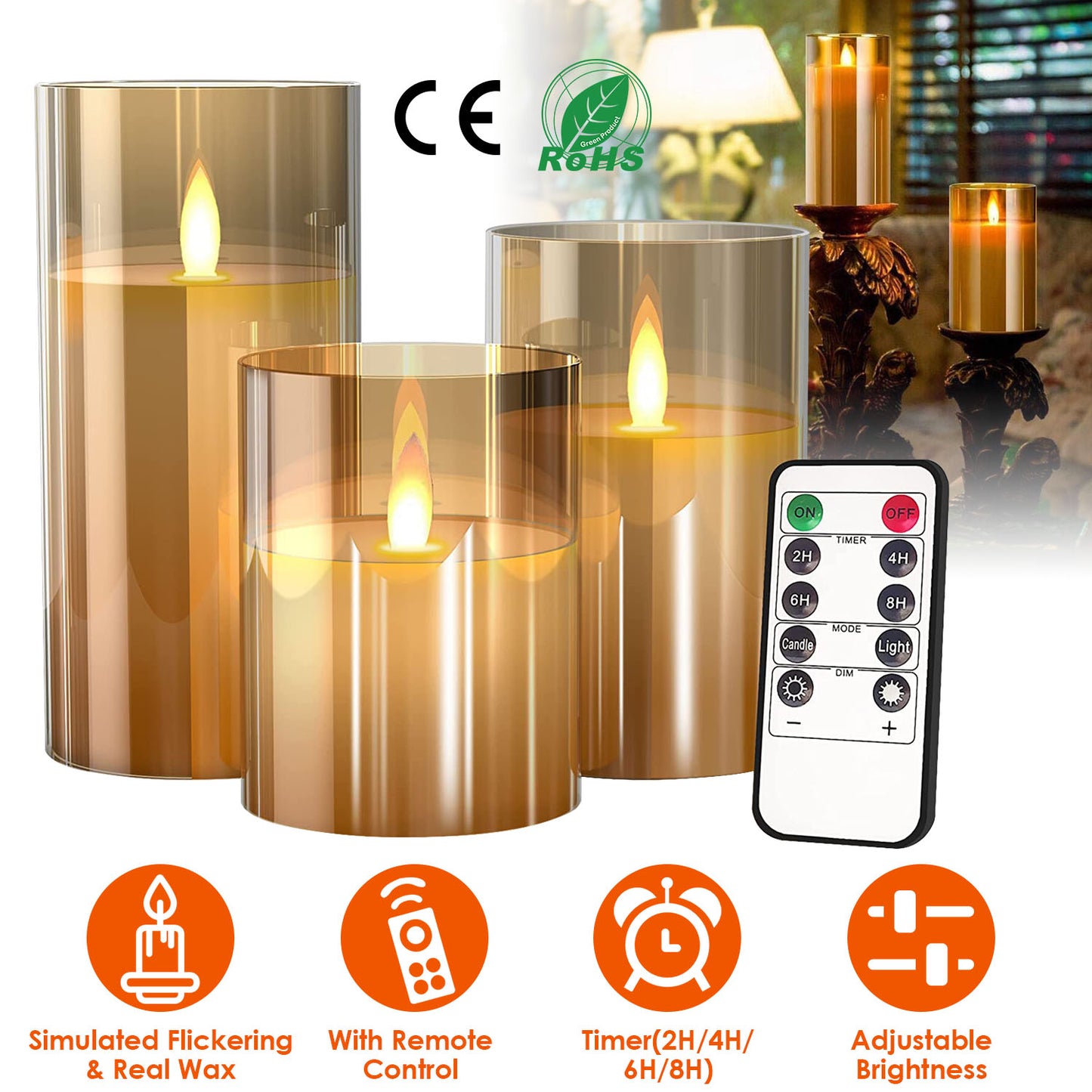 3Packs Flameless Candles Battery Operated Pillar Real Wax LED Glass Candle Warm White with Remote Control Timer
