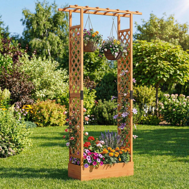 89 Inch Tall Wooden Raised Garden Bed with Side Trellis and Hanging Roof Drainage Holes
