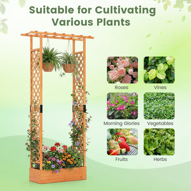 89 Inch Tall Wooden Raised Garden Bed with Side Trellis and Hanging Roof Drainage Holes