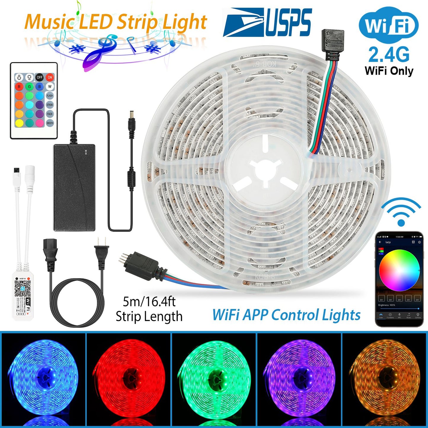 LED Strip Lights, Waterproof 16.4FT 300 LEDs SMD5050 RGB Color Changing WiFi Smart LED Light Strip Work with Alexa Google Assistant Sync with Music AP