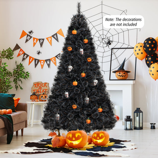 6/7/8 Feet Black Artificial Halloween Christmas Tree with PVC Branch Tips and 210/320/450 Cool White LED Lights