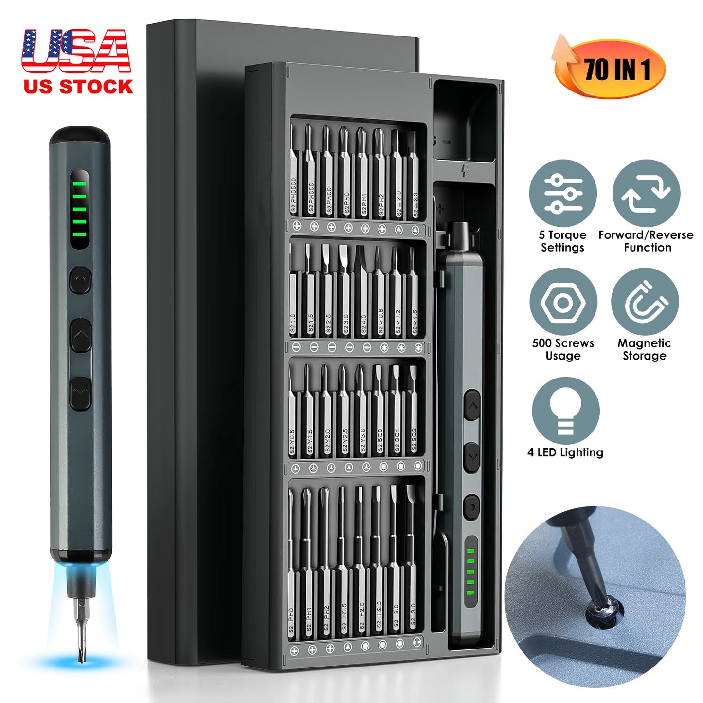 70 In 1 3.7V Mini Electric Screwdriver Kit Rechargeable Magnetic Repair Tool Kit with 5 Torque Settings 64 S2 Precision Bits 4 LED Lights for Phone Ca