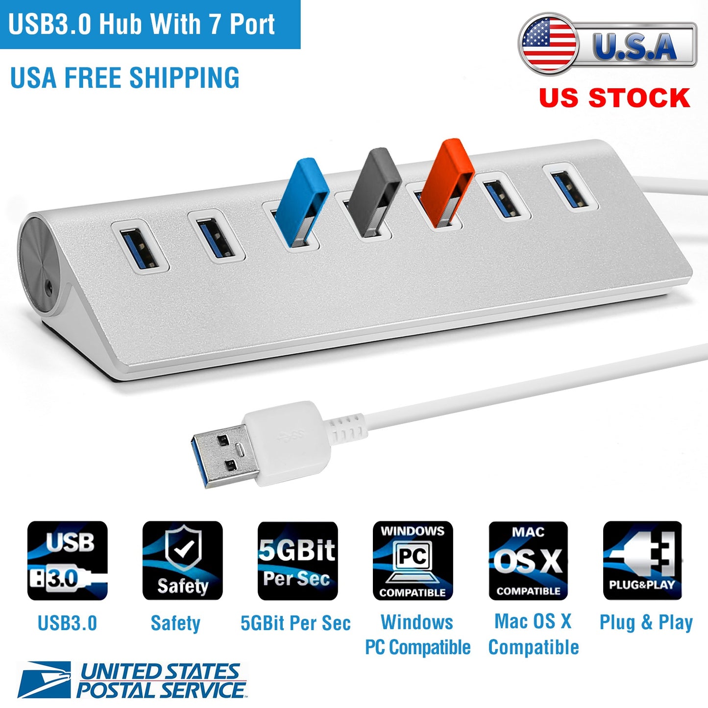 7-Port USB 3.0 Hub Portable Super Speed USB Data Hub with 1ft USB 3.0 Cable for Windows Linux Mac Devices