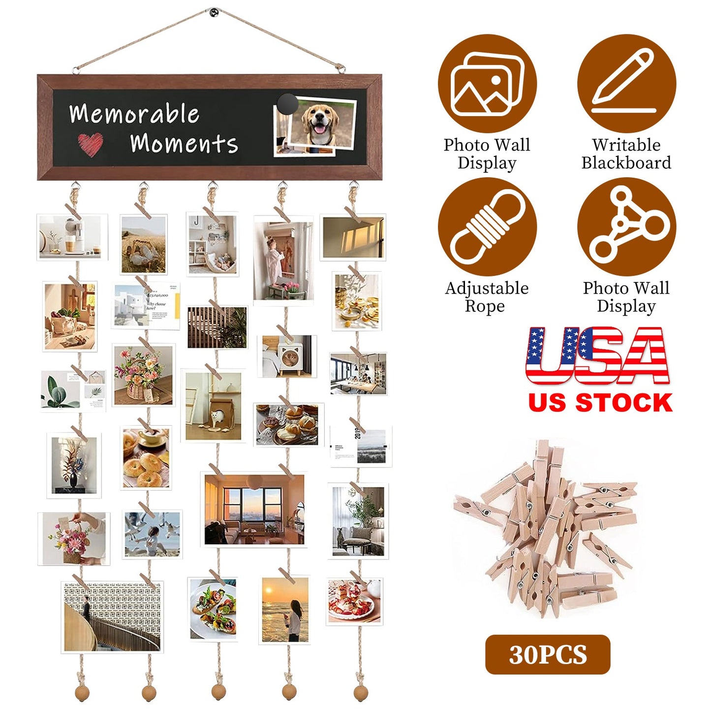 Wooden Hanging Picture Frame Photo Display String Ropes with 30 Clips Writable Blackboard Wall Decoration Postcard Artwork Picture Organizer