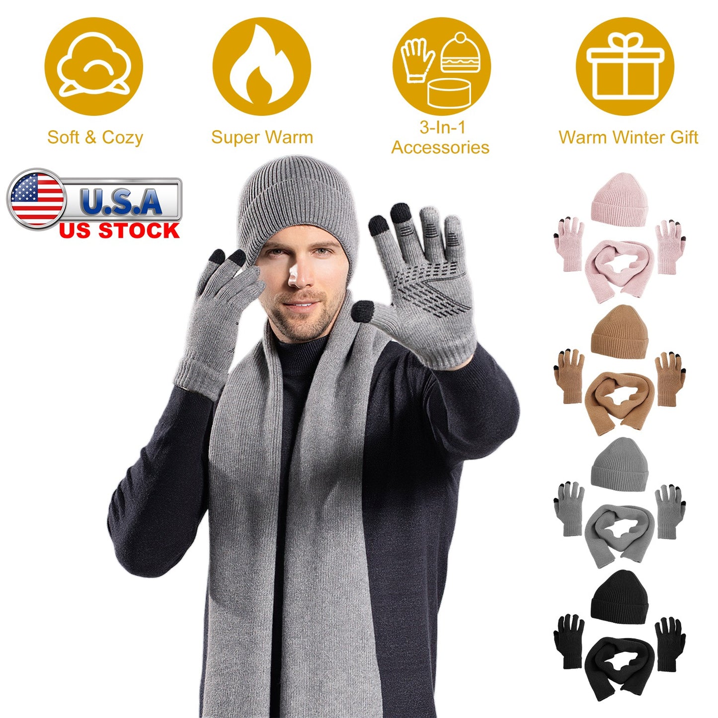Winter Knitted Hat Scarf Gloves 3Pcs Winter Warm Beanie and Touch Screen Gloves Long Neck Scarf Set Knit Beanie Skull Cap Neck Warmer Anti-Slip Mitten