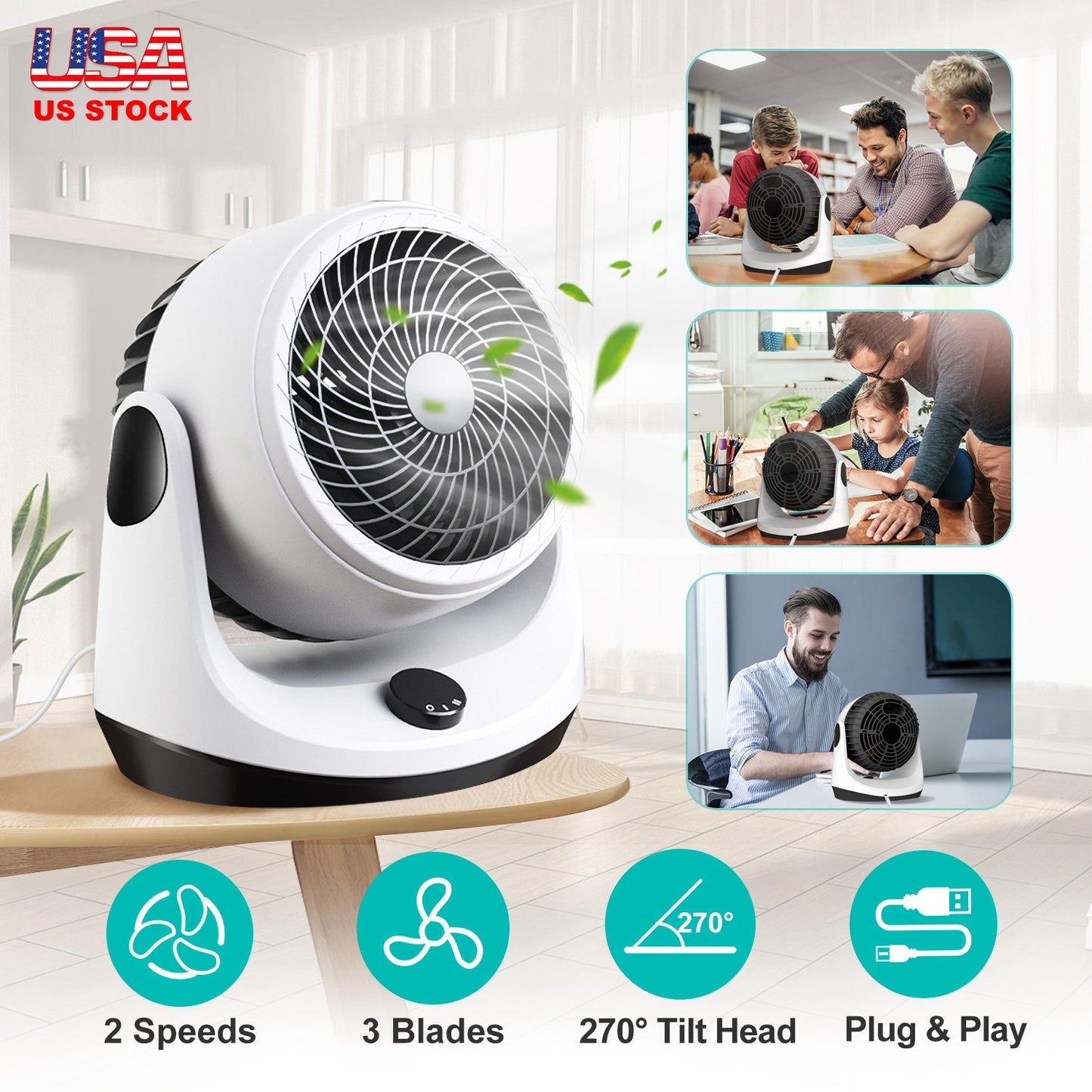 Table Desktop Fan Air Circulator Office Fan with 2 Speeds 270¡ Adjustable Head USB Plug Play for Room Office Kitchen Office