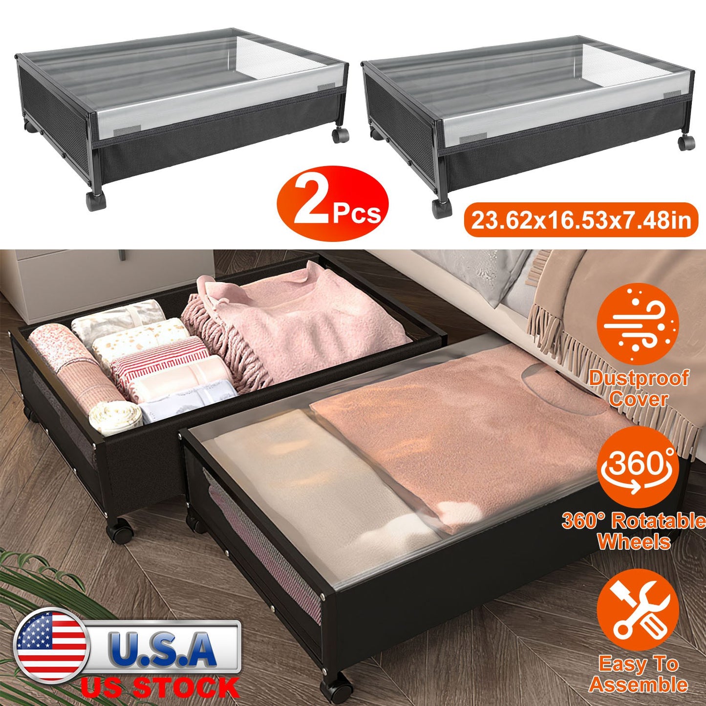 2Pcs Under Bed Storage Containers with 360¡ Rotatable Wheels Visible Dustproof Cover Under Bed Drawer with Clear Window Bedroom Storage Organizer