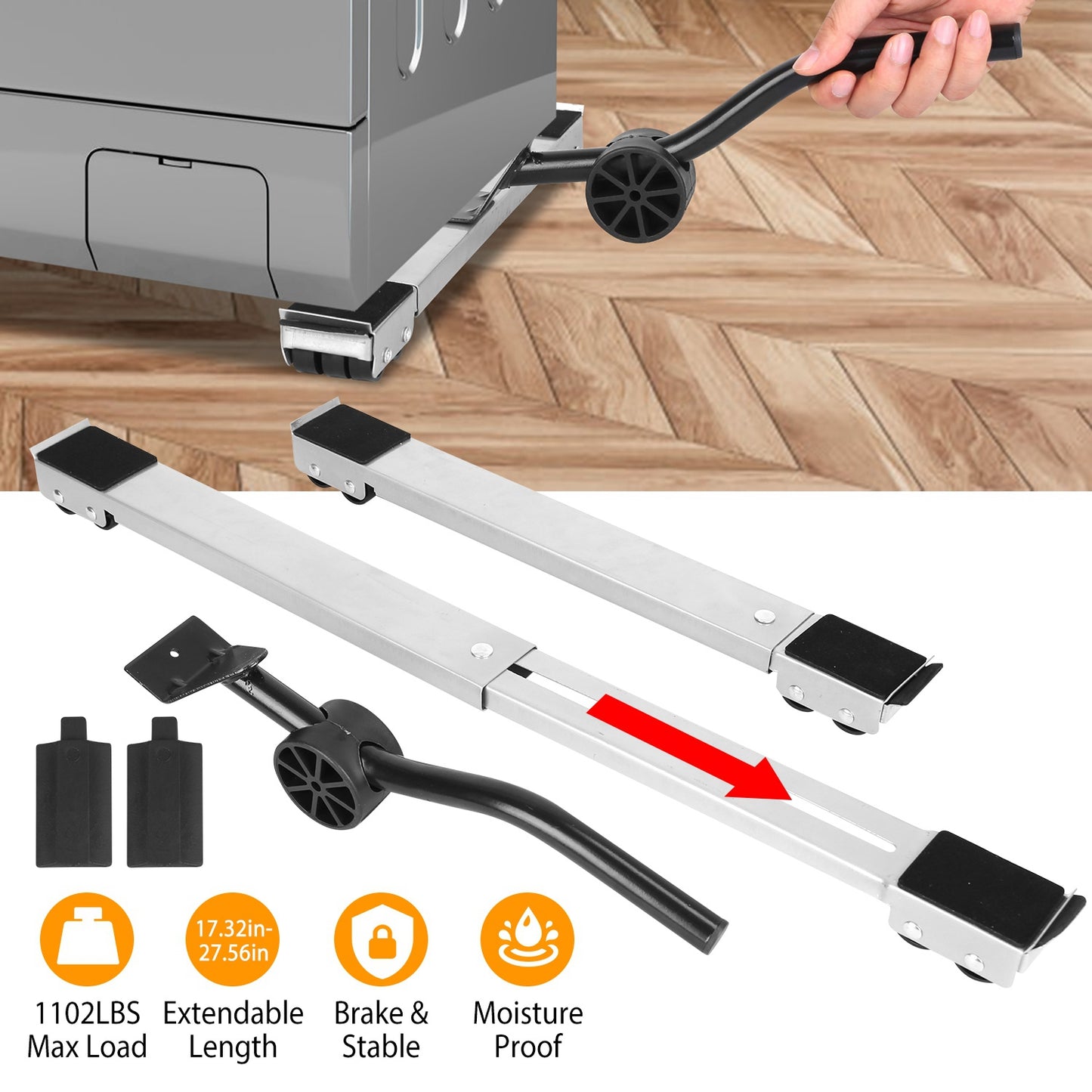 Furniture Dolly Mobile Roller Extendable Appliance Furniture Rolling Base Stand with Brake Pry For Washing Machine Fridge Dryer Cabinet 1102LBS Max Lo
