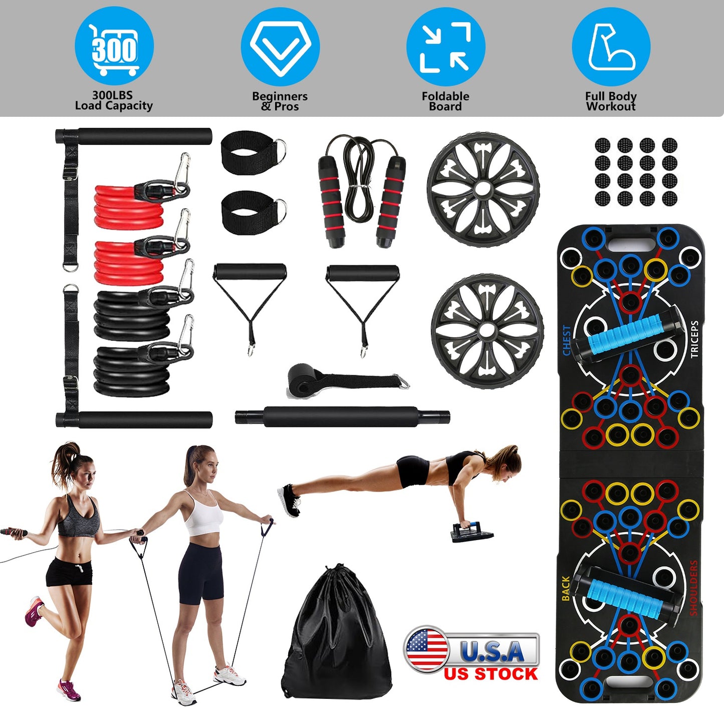 Multifunctional Push Up Board Home Strength Training Equipment With 15 Fitness Accessories Pilates Bar Resistance Band Roller Wheel Full Body Workout