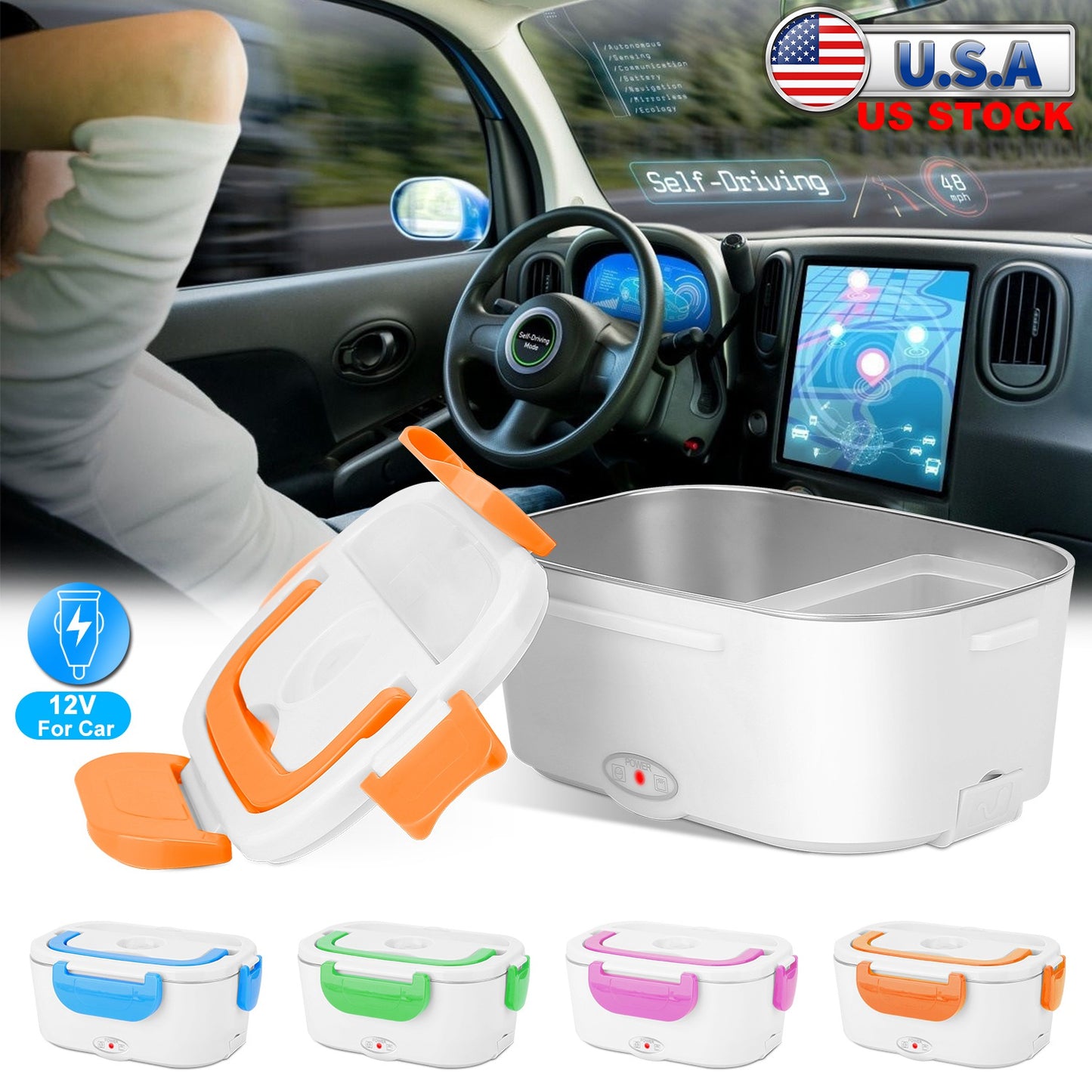 Electric Heating Lunch Box Food Heater Container Travel Thermal Bento Box Portable Food Warmer w/ 2 Removable Compartments 1 Free SpoonÊ1L