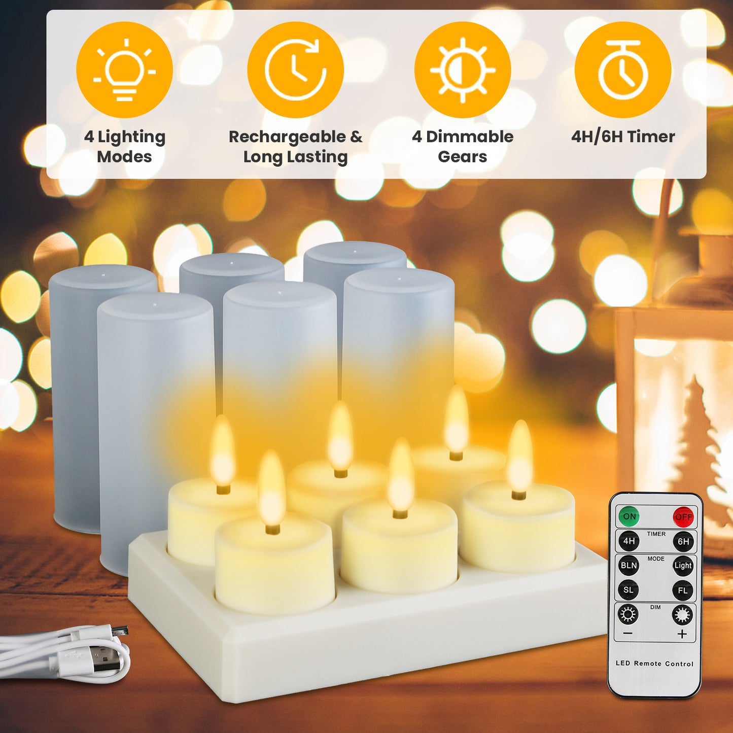 6Pack Rechargeable Tea Lights With Charging Base Flameless Flickering LED Candles with Timer Remote Control for Halloween Christmas Wedding Party