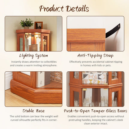 5-Tier Lighted Corner Curio Cabinet with Adjustable Glass Shelves