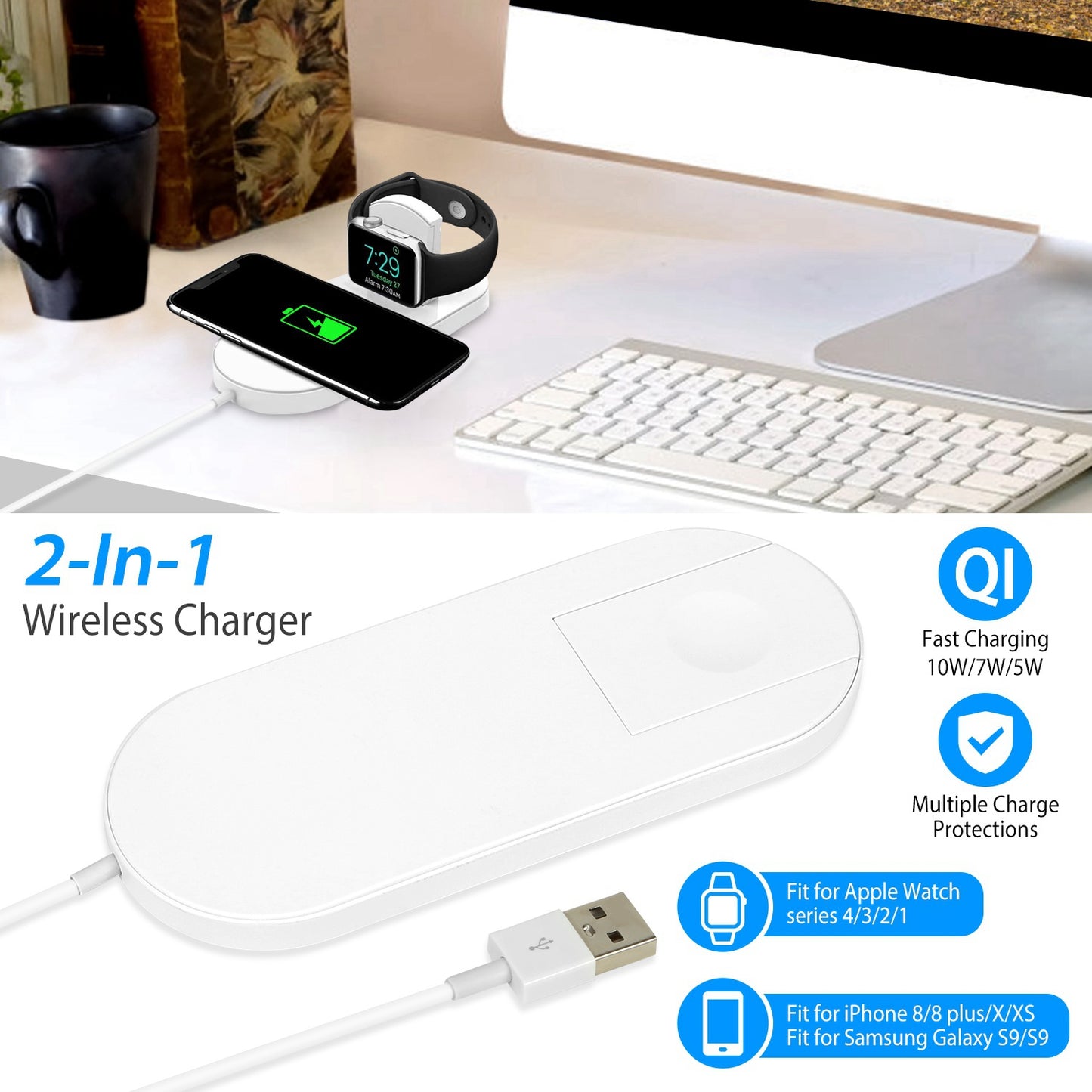 10W Qi Wireless Charger Watch Charger 2-in-1 Wirless Charging Pad for Apple Watch 4/3/2/1/ iPhone X/XS/8