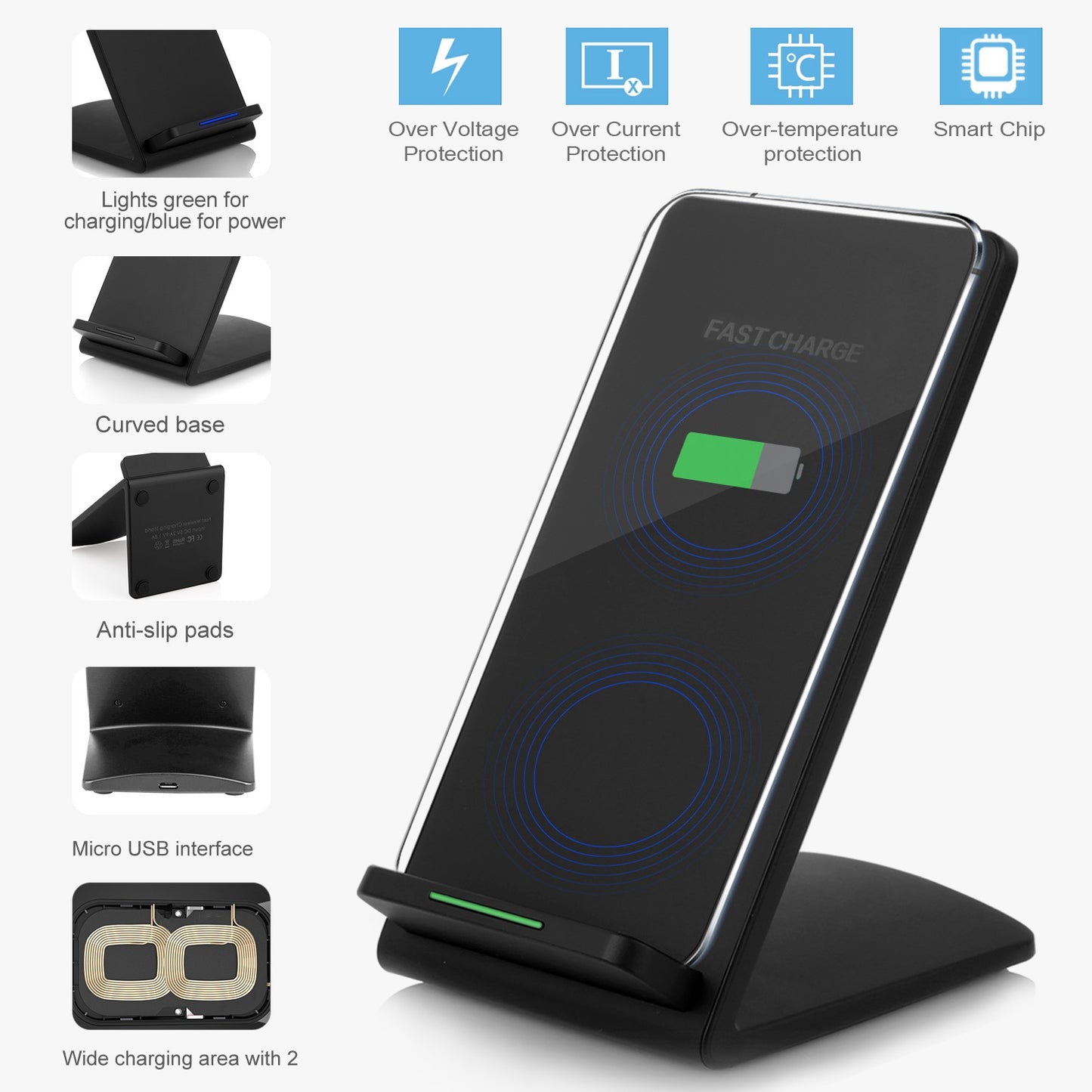 Qi Wireless Charger 10W Fast Charging Pad Stand Dual Coils Compatible with 7.5W 5W for iPhone XS/XS Max/XS/X Galaxy S10 /S9+ /S8 Google Nexus 6