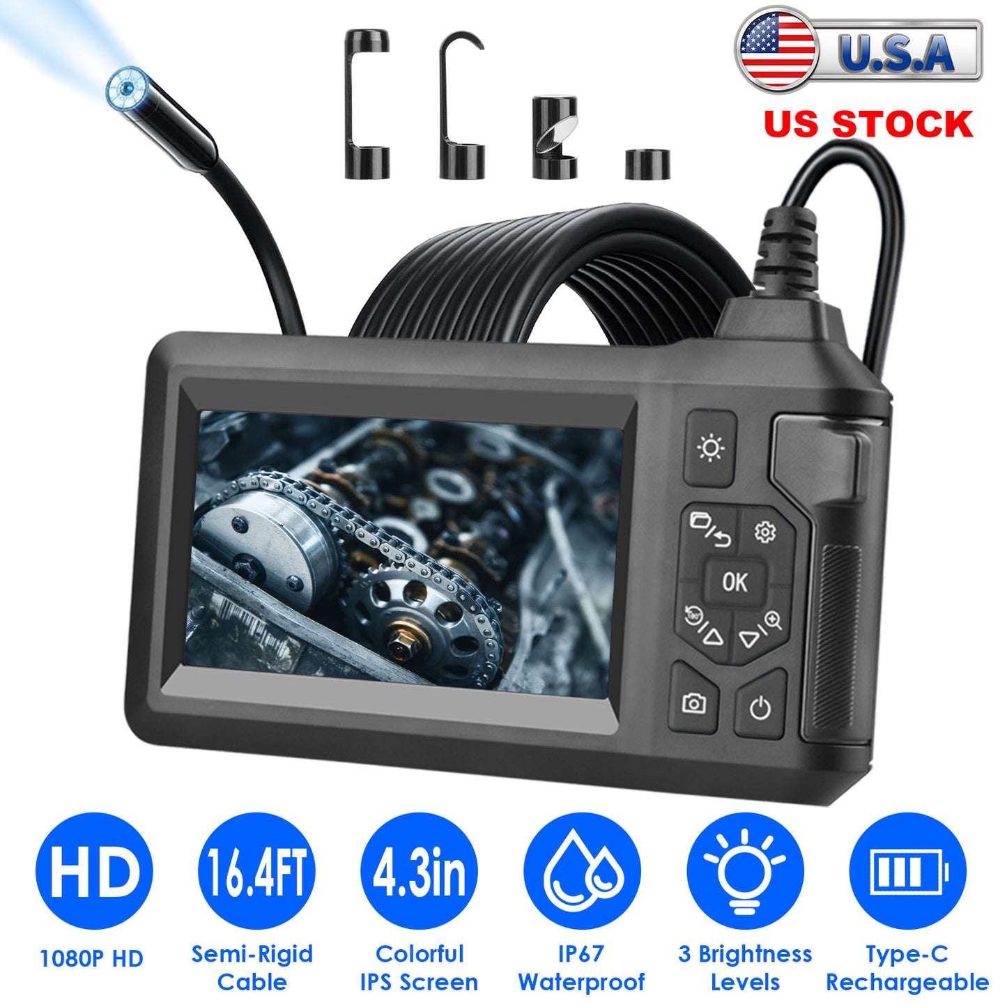 1080P Endoscope Camera with 8 LED Light 8mm Borescope Inspection Camera 4.3Ó Colorful Screen IP67 Waterproof 16.4FT Semi-Rigid Cord Handheld Snake Cam