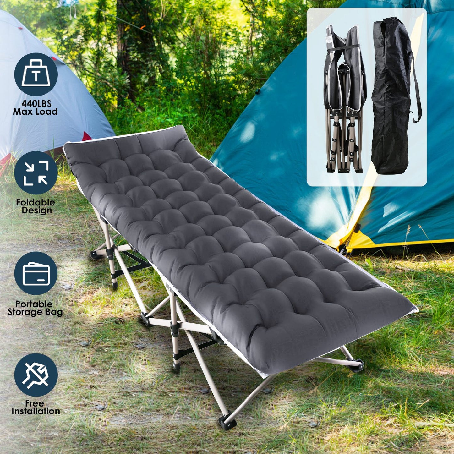 Folding Camping Cot Portable Sleeping Camping Bed Collapsible Travel Camp Cots Guest Bed Cot with 2-Sided Soft Pad 440LBS Max Load