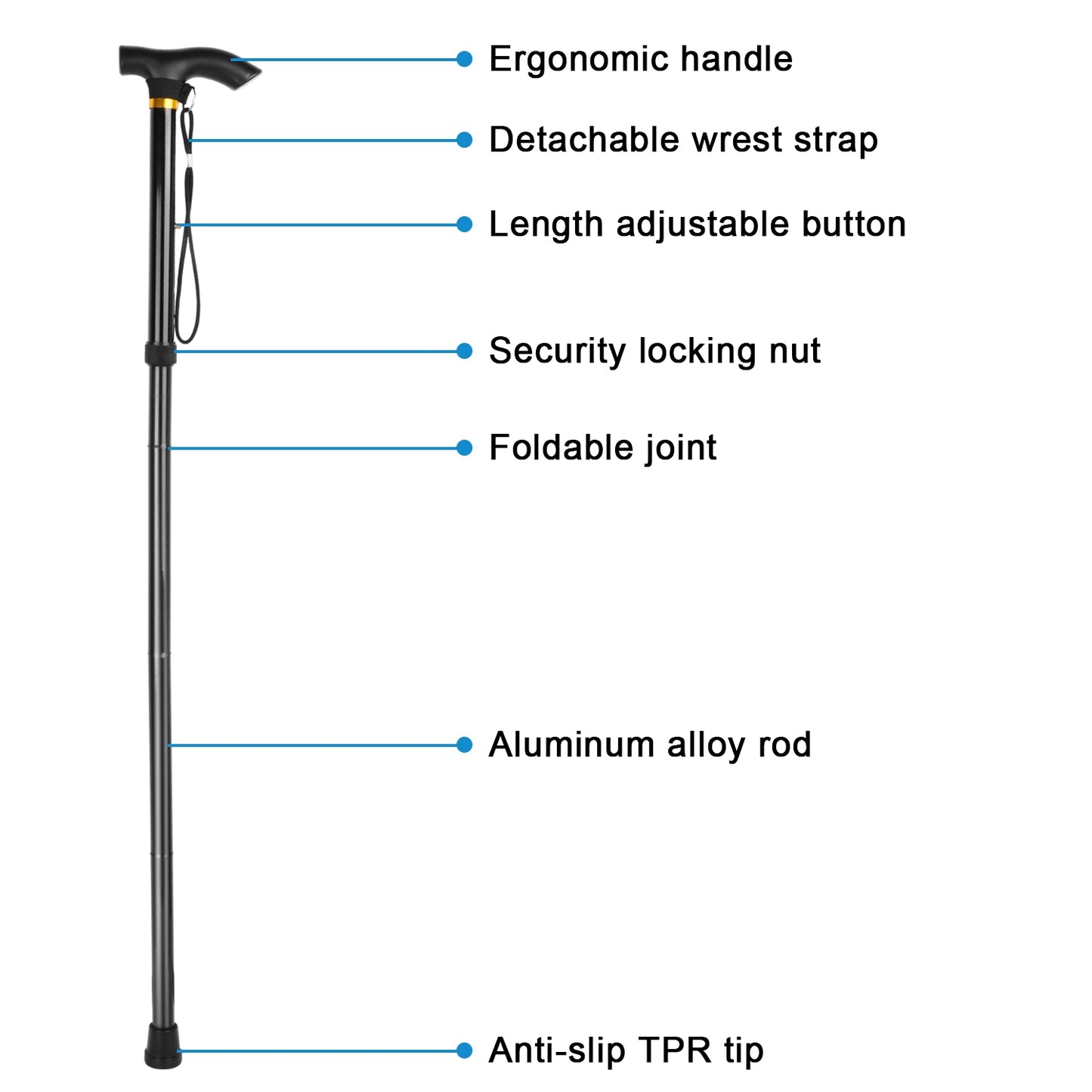 Walking Cane Aluminum Alloy Walking Stick Adjustable Folding Travel Hiking Stick Anti-Slip